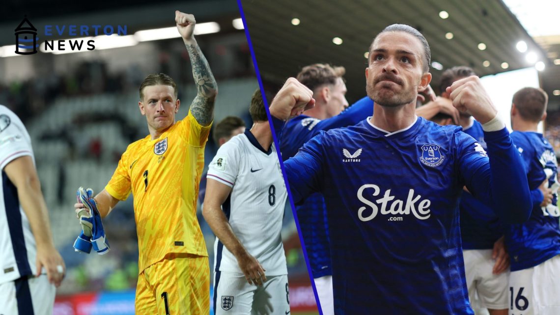 Jordan Pickford gives the thumbs up after England vs Serbia. Jack Grealish celebrates after scoring for Everton vs Wolves.