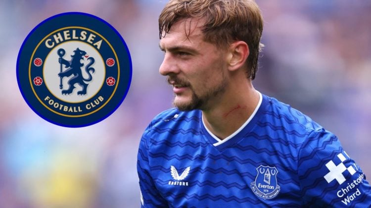 Everton's Kiernan Dewsbury-Hall watches on. Inset, Chelsea badge.