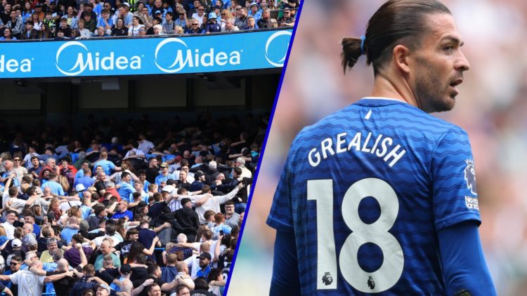Split image of Manchester City fans celebrating and Jack Grealish on loan at Everton.