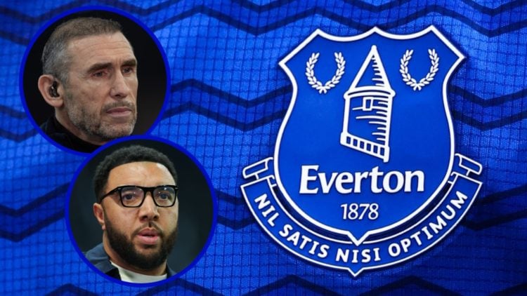 Everton badge. Inset, pundit and former Arsenal player Martin Keown. Inset, pundit and former striker Troy Deeney.