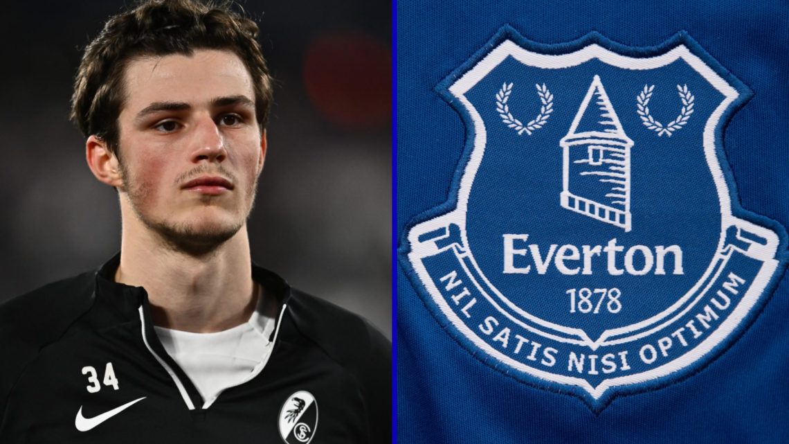 Split image of Freiburg midfielder Merlin Rohl and the Everton badge.