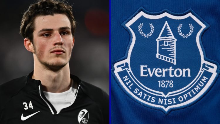 Split image of Freiburg midfielder Merlin Rohl and the Everton badge.