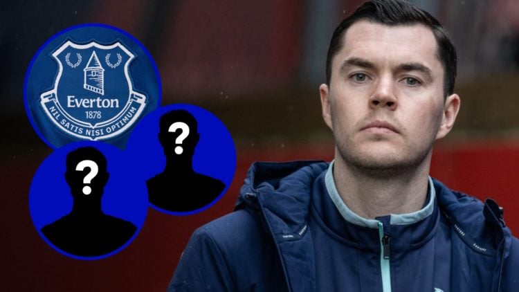 Everton defender Michael Keane. Inset, Everton badge.