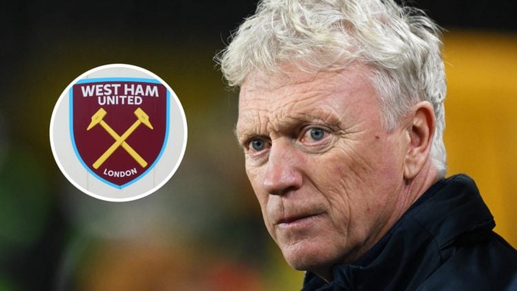 Everton manager David Moyes. Inset of West Ham United badge.