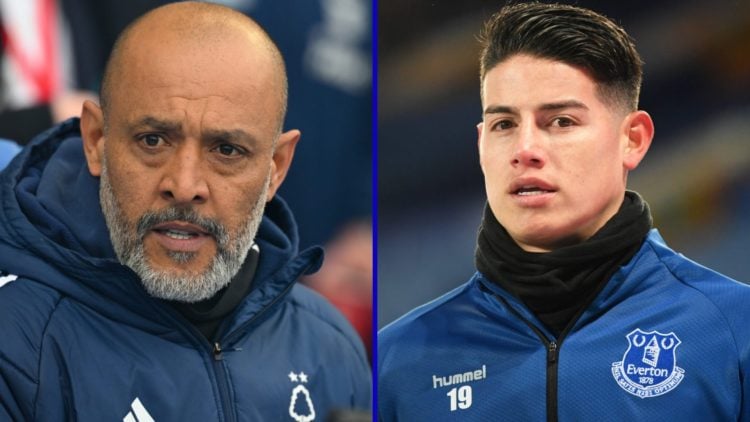 Split image of Nottingham Forest boss Nuno Espirito Santo and former Everton player James Rodriguez.