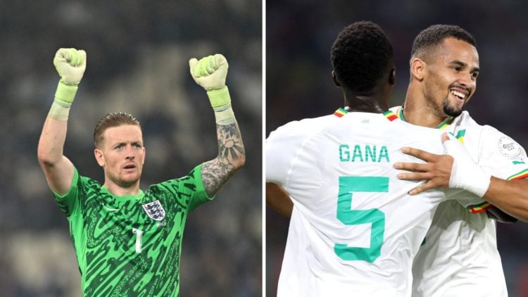 England goalkeeper Jordan Pickford. Senegal teammates Iliman Ndiaye and Idrissa Gana Gueye.
