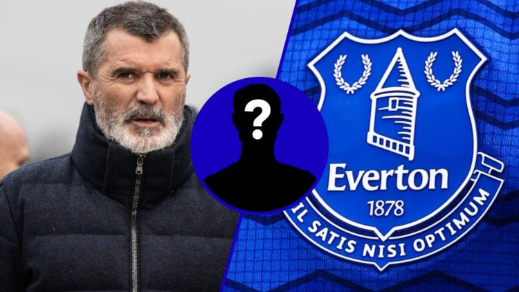Split image of Pundit Roy Keane and Everton badge on 2025/26 home kit. Inset, EN mystery player.