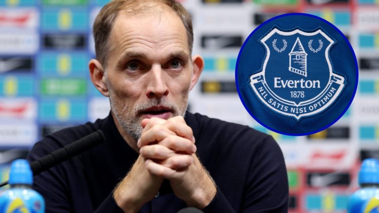 England manager Thomas Tuchel in a press conference. Inset, Everton badge.