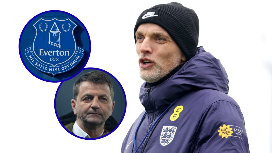 England manager Thomas Tuchel. Inset, Everton badge. Inset, pundit Tim Sherwood.