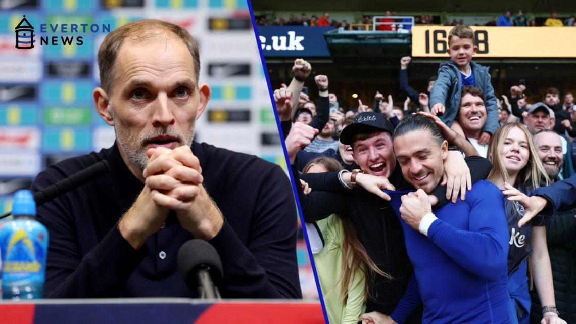 Thomas Tuchel speaks to the media after his England squad selection. Jack Grealish celebrates with the Everton fans after beating Wolves.