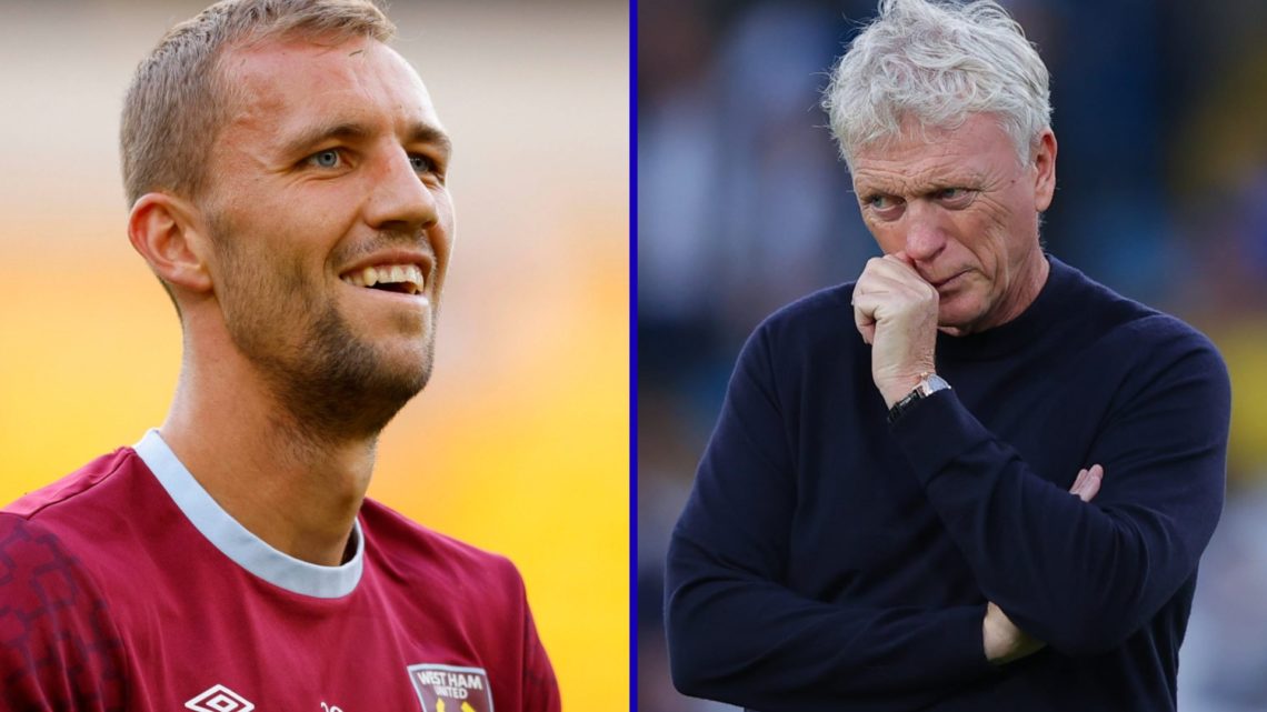 Split image of West Ham midfielder Tomas Soucek looking on and Everton manager David Moyes.