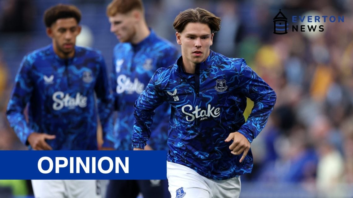 Tyler Dibling warms up ahead of Everton's Premier League clash against Wolves.
