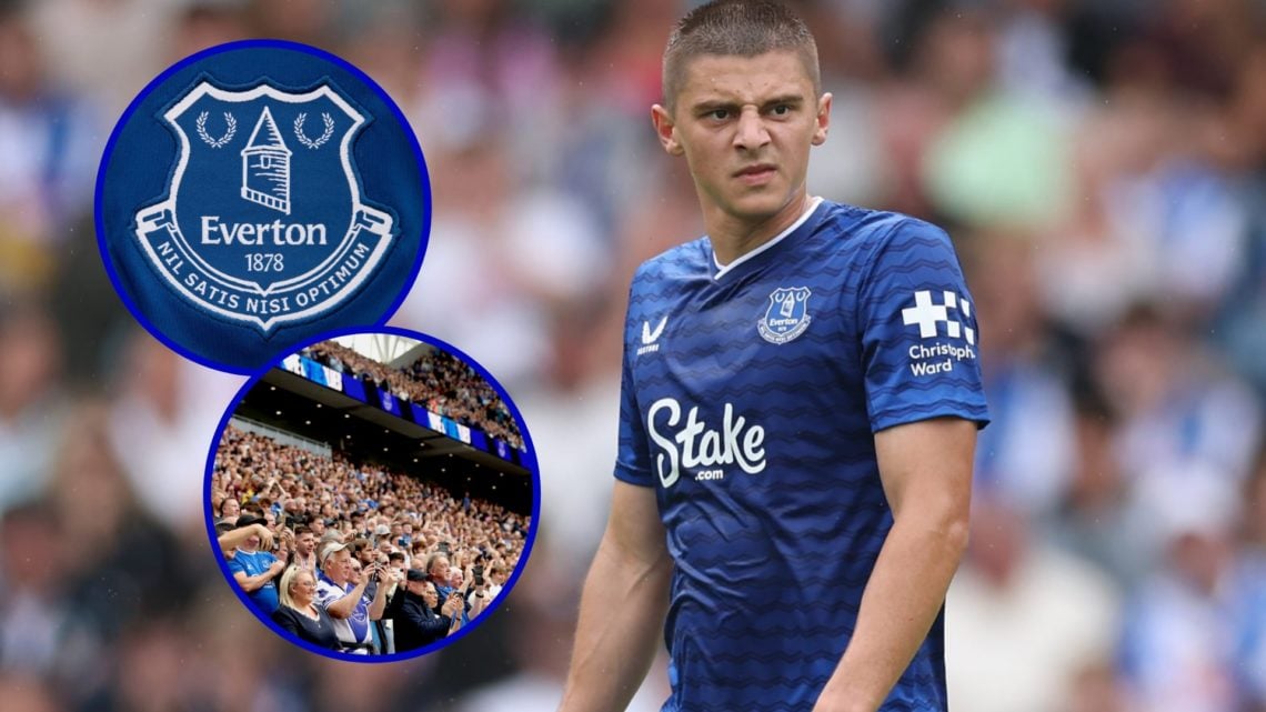 Everton defender Vitaliy Mykolenko. Inset, Everton badge. Inset, Everton fans at the Hill Dickinson Stadium.