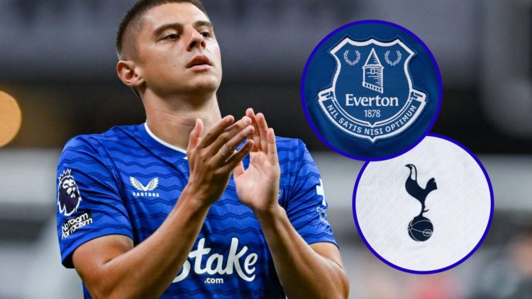 Everton left-back Vitaliy Mykolenko. Inset, Everton badge. Inset, Tottenham Hotspur badge.