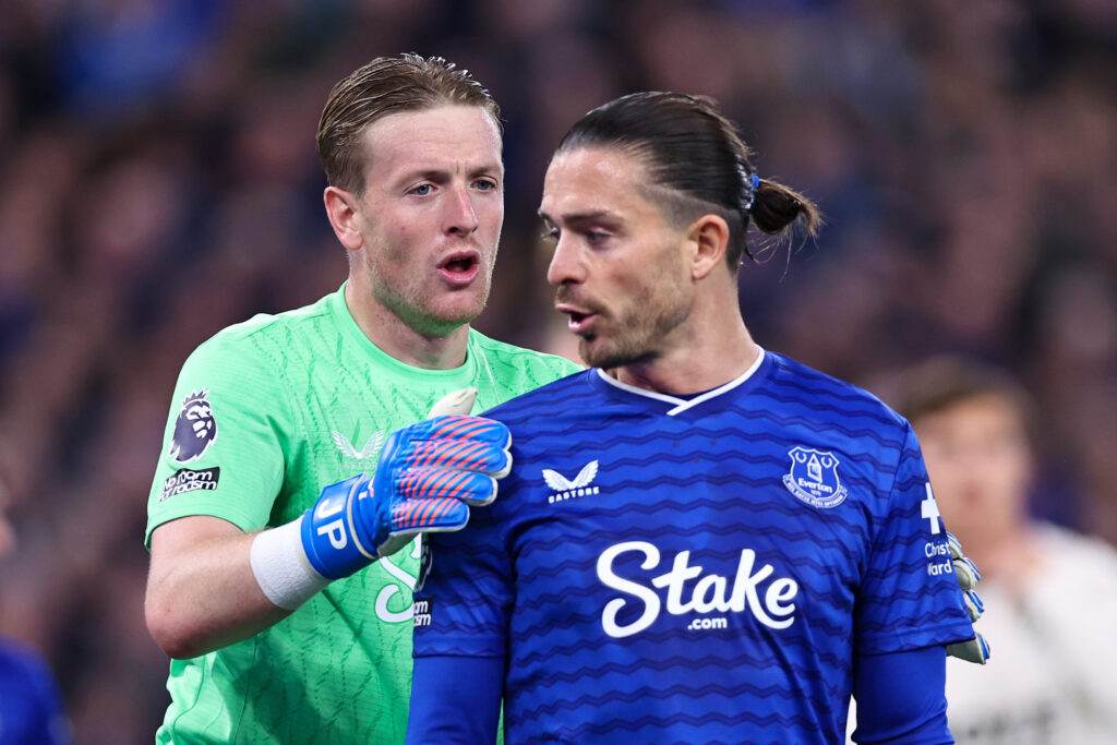 Everton teammates Jack Grealish and Jordan Pickford.
