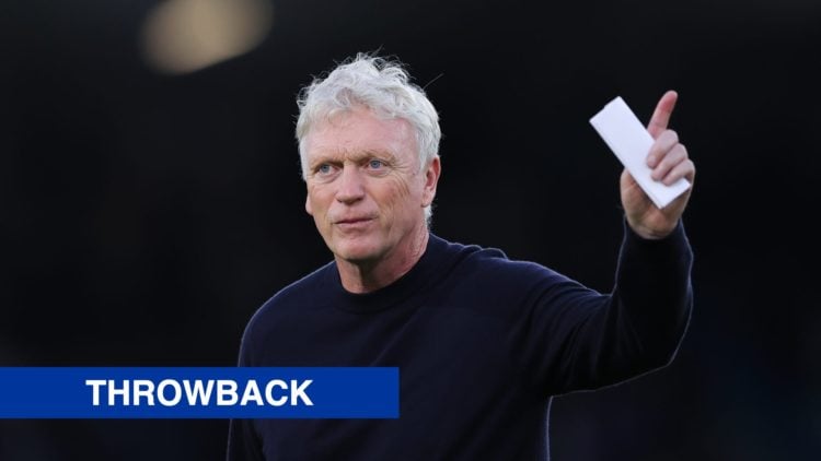 Everton boss David Moyes looks on against Leeds United. Inset, a blue banner with 'throwback' in white text.