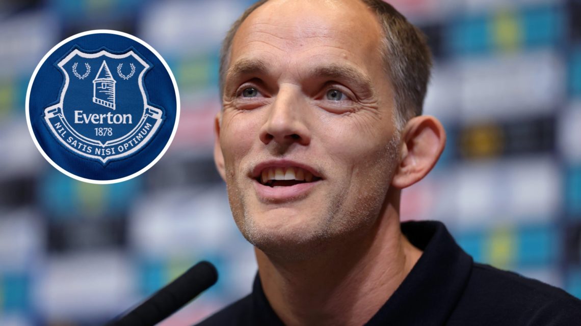 England manager Thomas Tuchel. Inset of Everton badge.