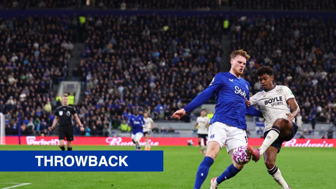 Everton's Jake O'Brien in action against West Ham United. Inset, a blue banner with 'throwback' in white text