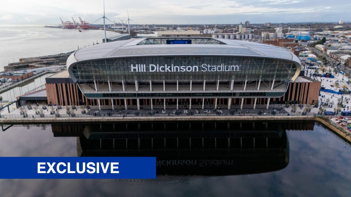 Everton's Hill Dickinson Stadium. Inset of exclusive banner.