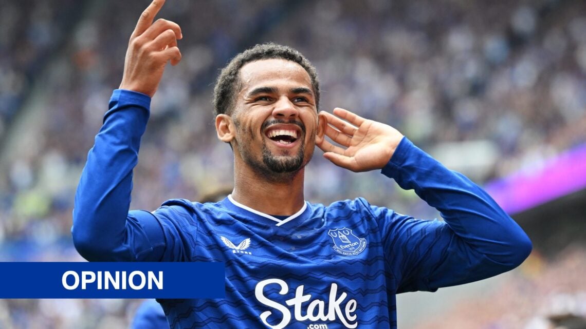 Everton's Iliman Ndiaye celebrates. Inset, a blue banner with 'opinion' in white text.