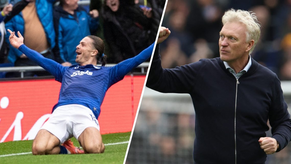 A split image of Everton's Jack Grealish celebrating against Crystal Palace (L) and Everton boss David Moyes (R)
