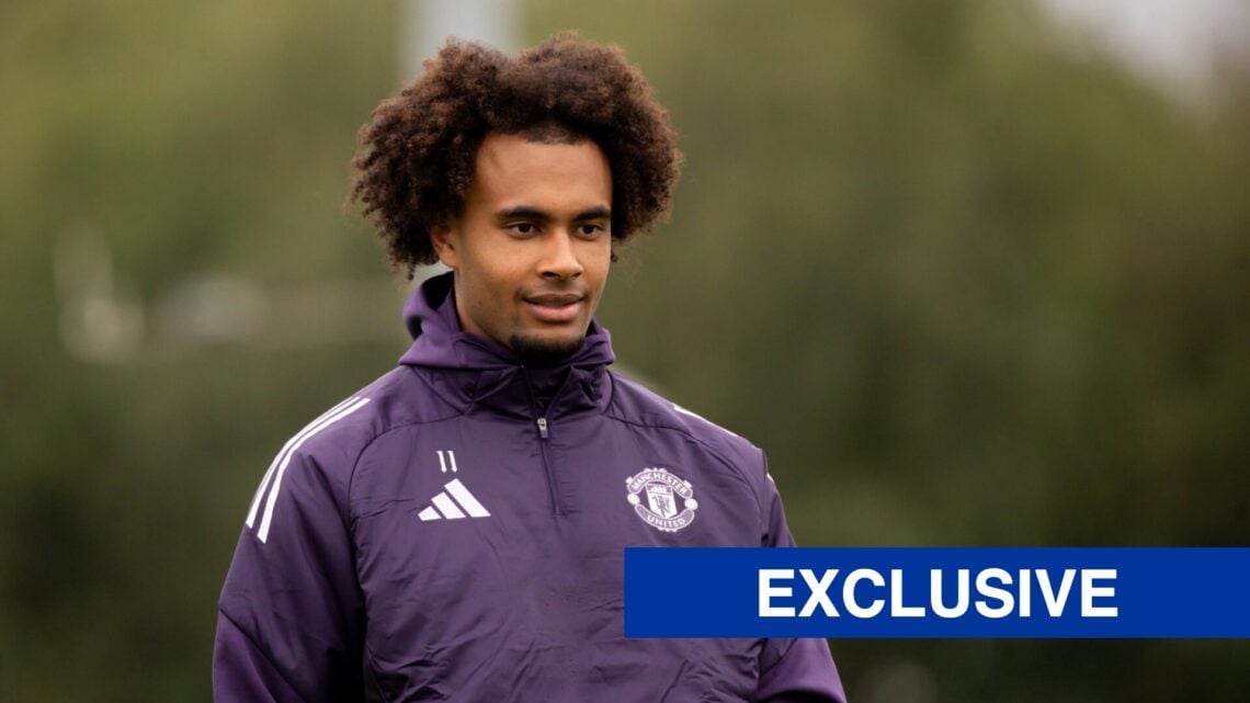 Joshua Zirkzee trains for Manchester United at Carrington.