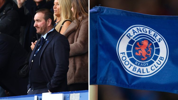 A split image of Everton's Kevin Thelwell (L) and the Rangers badge on a corner flag (R)