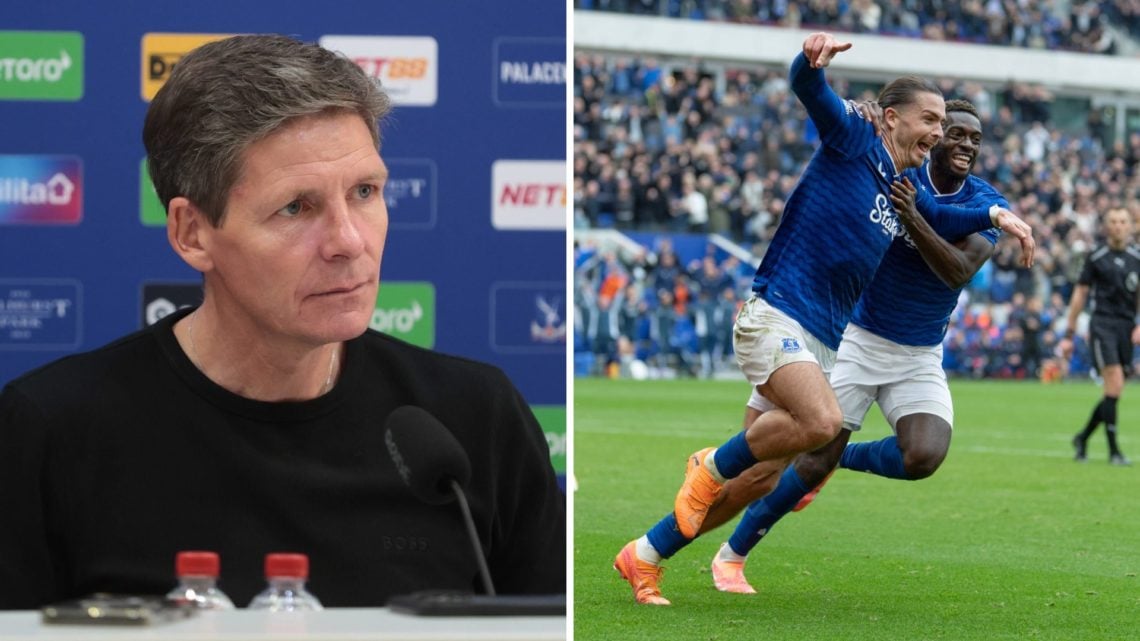 Crystal Palace manager Oliver Glasner. Jack Grealish celebrating for Everton.