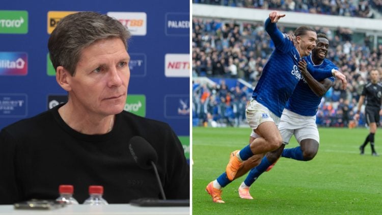 Crystal Palace manager Oliver Glasner. Jack Grealish celebrating for Everton.