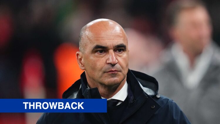 Manager Roberto Martinez looks on. Inset, a blue banner with 'throwback' in white text.