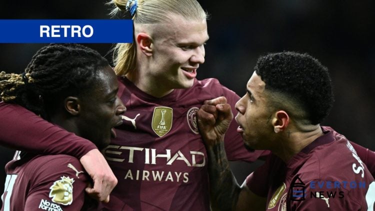 Manchester City winger Savinho. Inset of retro banner.