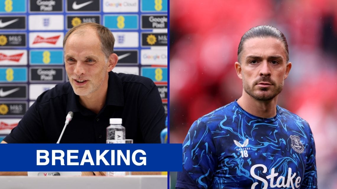 Thomas Tuchel speaks in a press conference as the England manager. Jack Grealish reacts during the Merseyside Derby between Liverpool and Everton.