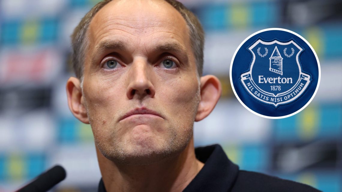 England manager Thomas Tuchel. Inset of Everton badge.