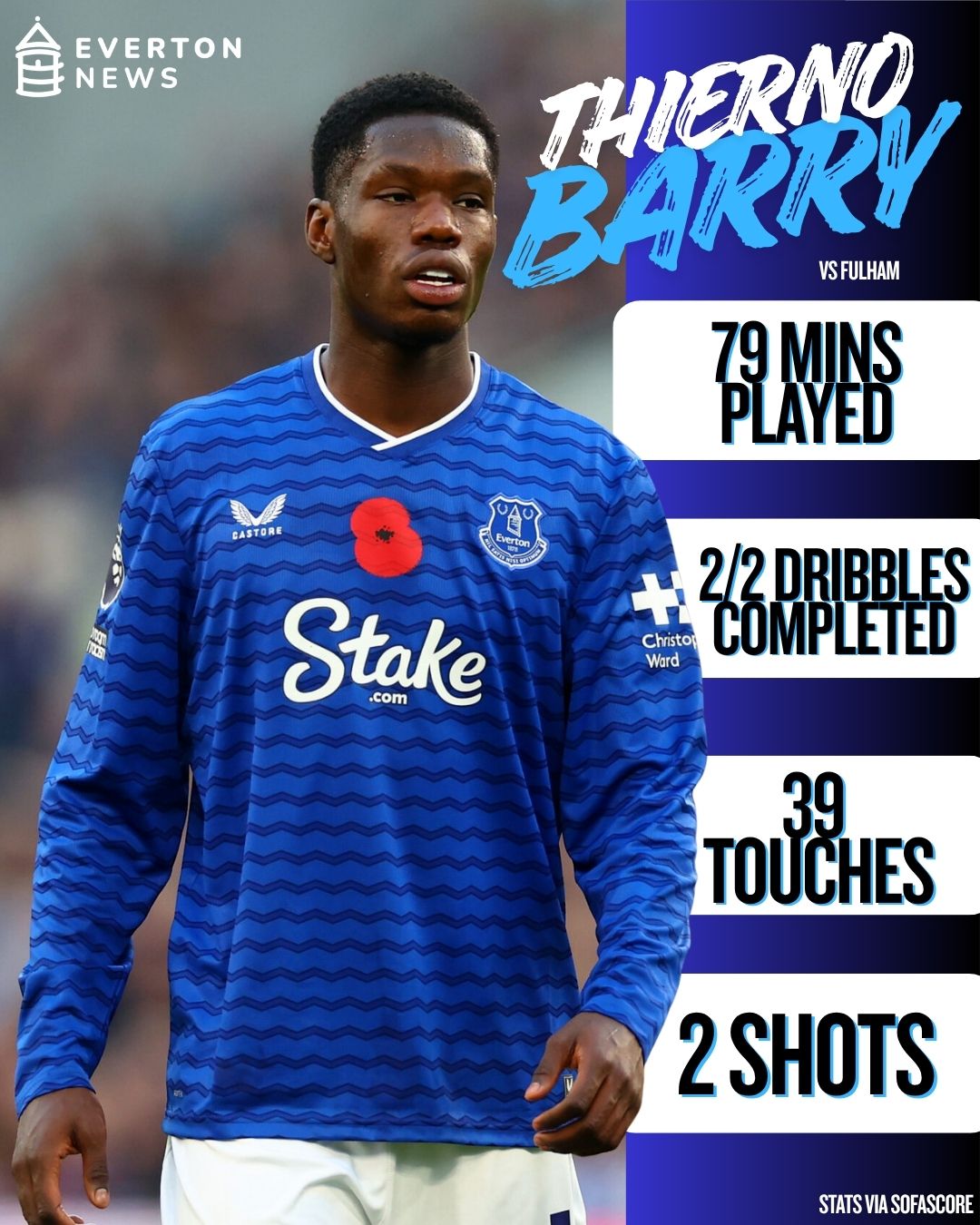 An overview of Thierno Barry's stats in Everton's win over Fulham.