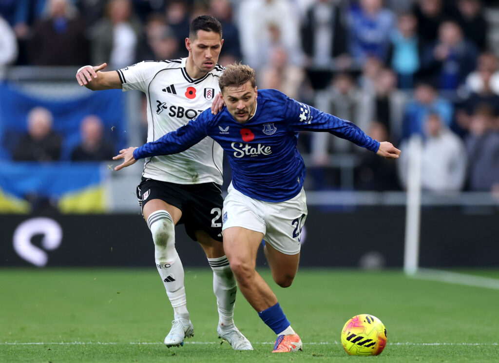 Kiernan Dewsbury Hall battles for the ball during Everton v Fulham - Premier League