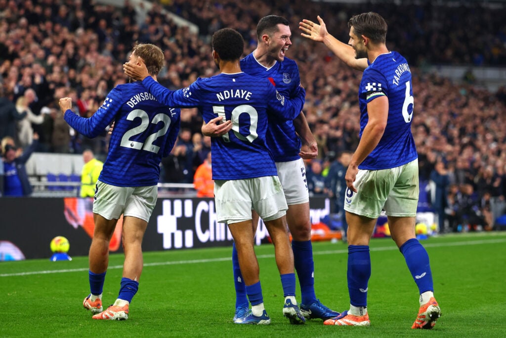 Everton players celebrate a goal v Fulham - Premier League