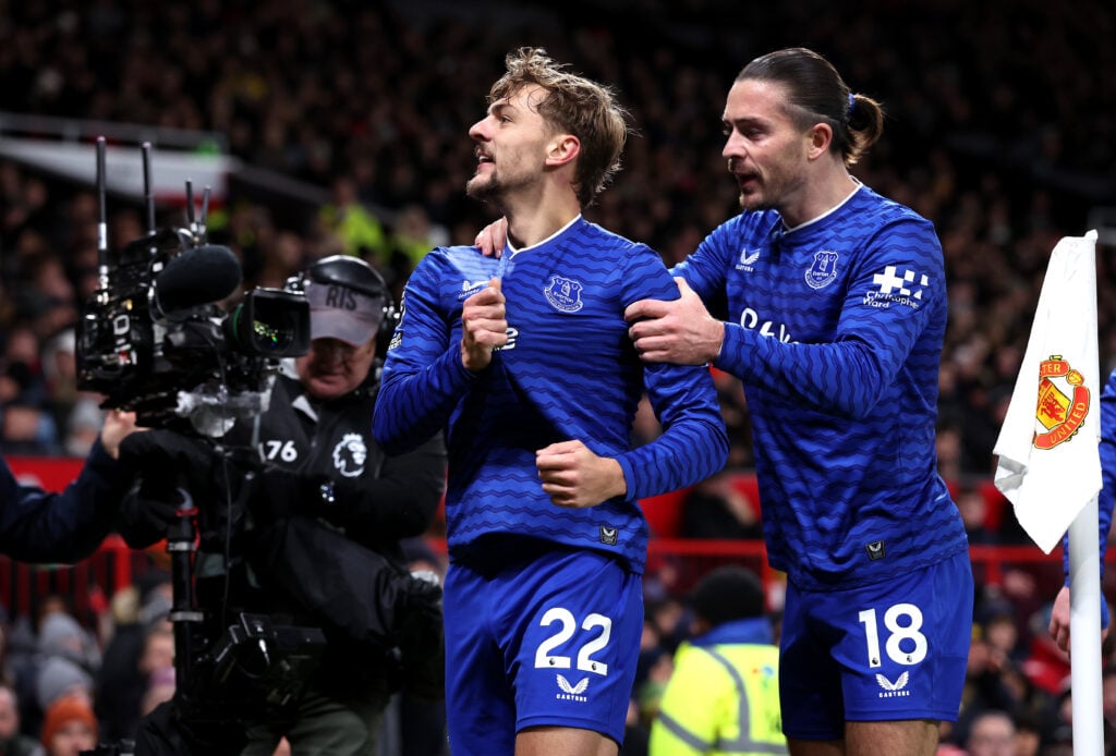 Everton star Kiernan Dewsbury-Hall celebrates scoring vs Manchester United