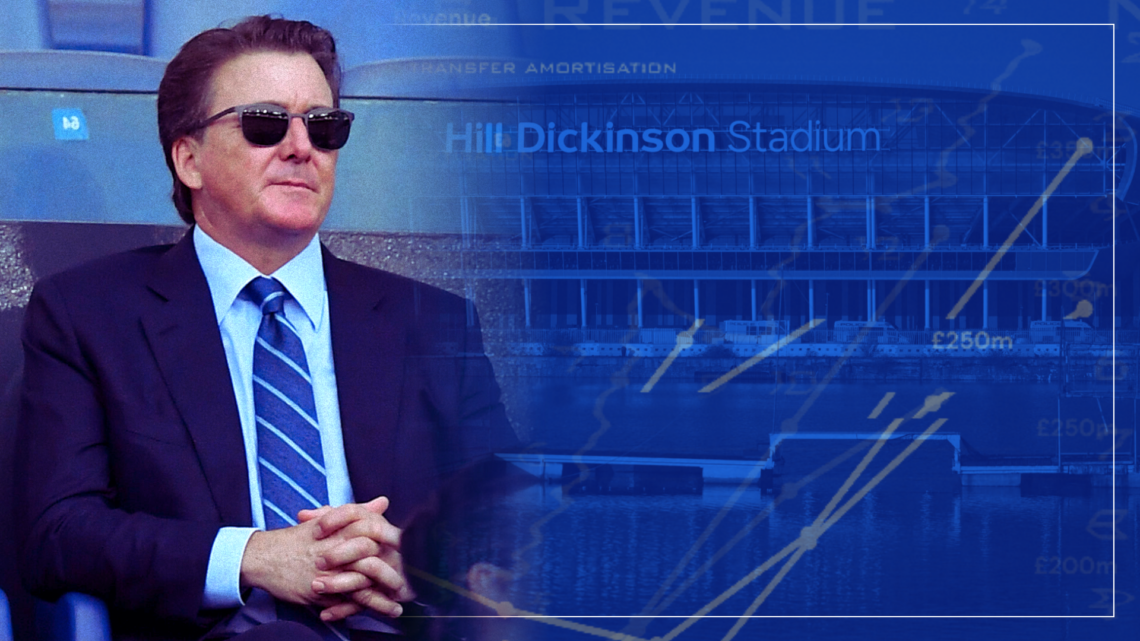 Abstract cover art featuring Everton's Hill Dickinson Stadium and Dan Friedkin