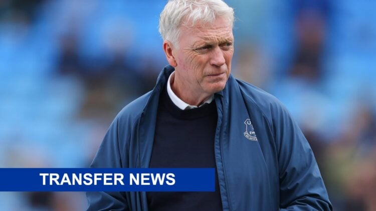 Everton manager David Moyes with transfer news banner overlaid.