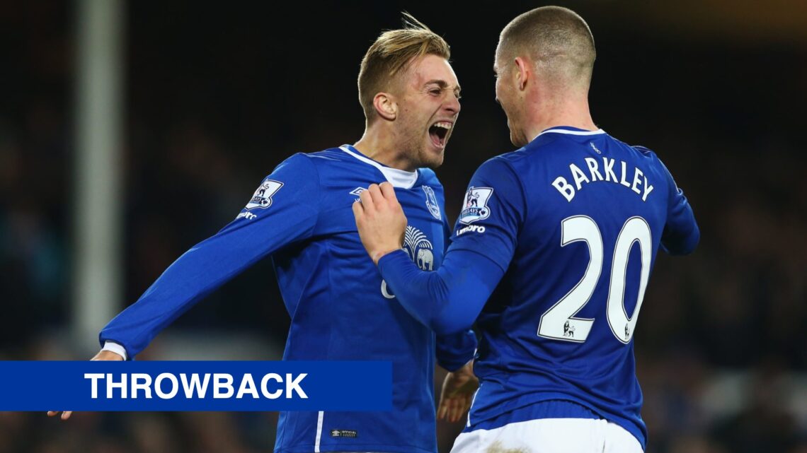 Everton's Gerard Deulofeu and Ross Barkley celebrate. Inset, a blue banner with 'throwback' in white.