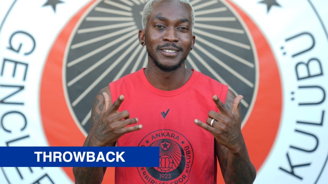 Henry Onyekuru is presented as a Genclerbirligi player. Inset, a blue banner with 'throwback' in white text.