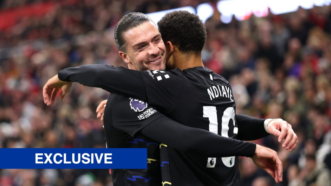 Iliman Ndiaye and Jack Grealish celebrate after scoring for Everton against Sunderland.