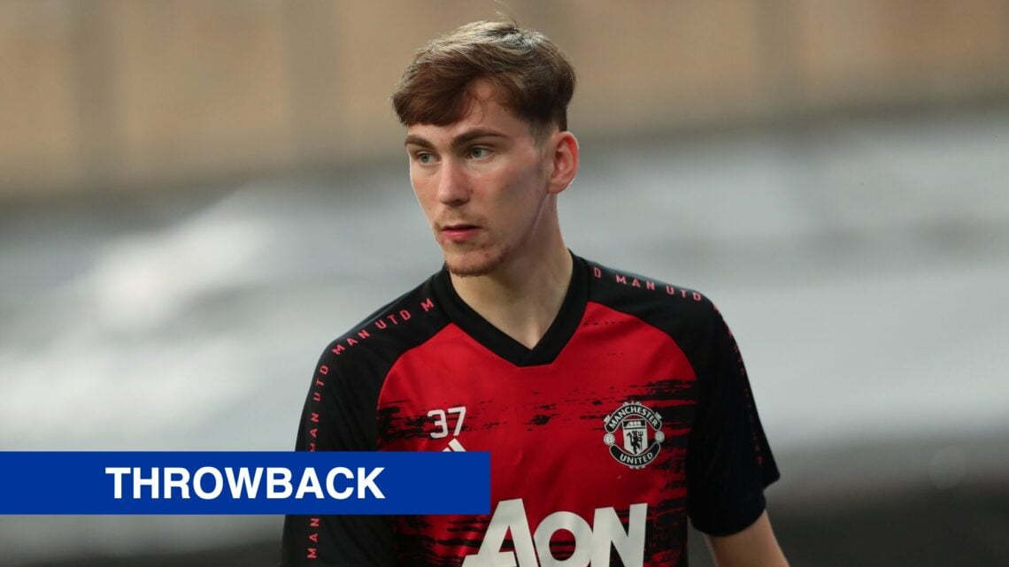 James Garner warming up for Manchester United. Inset, a blue banner with 'throwback' in white text.
