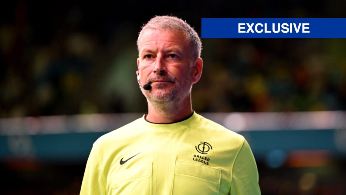 Mark Clattenburg referees during a game in the Ballers League.