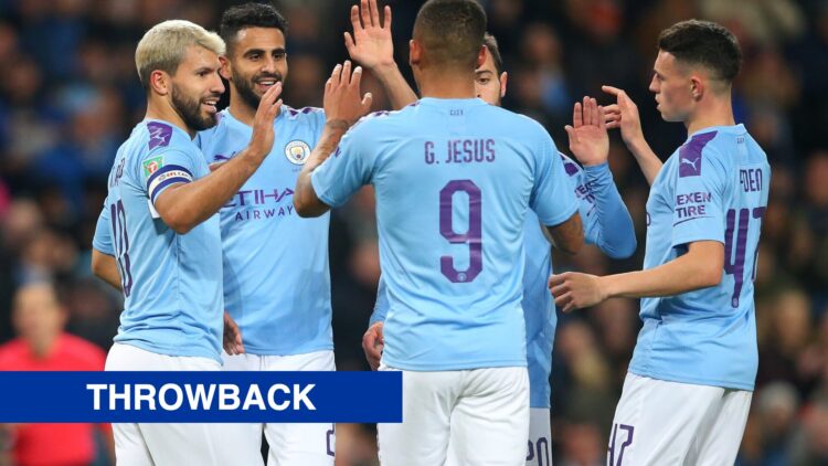 Phil Foden with his Manchester City teammates. Inset of throwback banner.