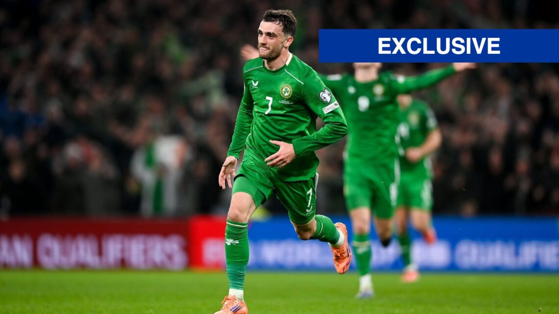 Troy Parrott celebrates after scoring for the Republic of Ireland against Portugal.