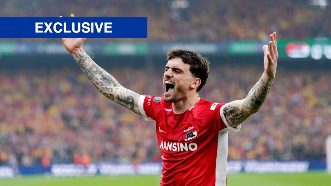 Troy Parrott celebrates after scoring for AZ Alkmaar v Go Ahead Eagles in the Eredivisie.