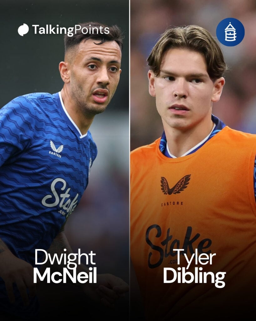 Dwight McNeil and Tyler Dibling in action for Everton.