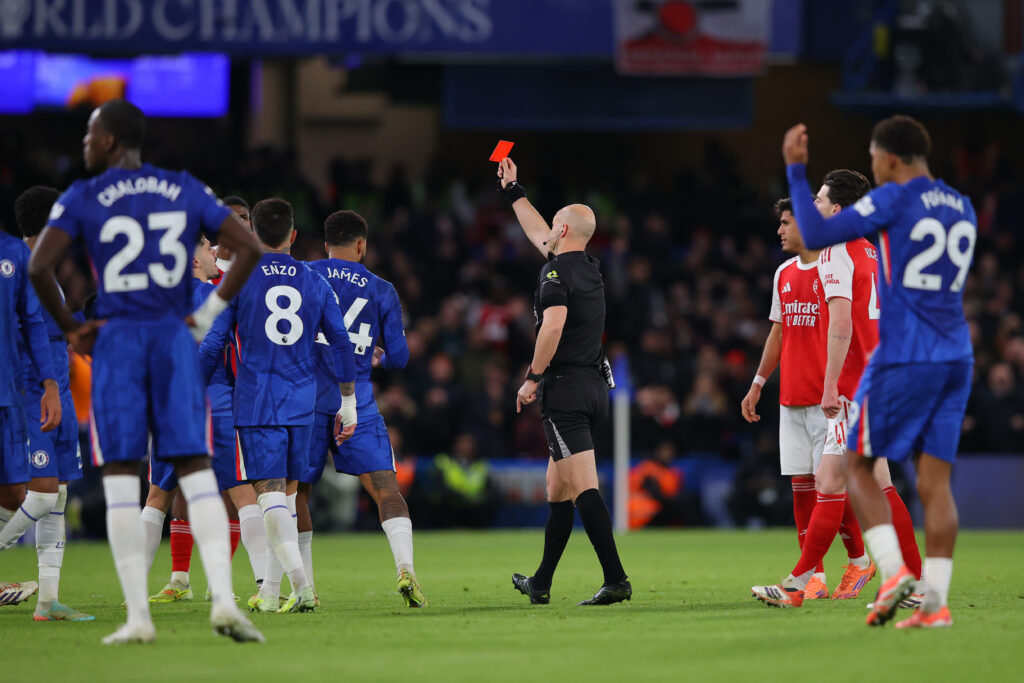 Chelsea midfielder Moises Caicedo is sent off against Arsenal in the Premier League