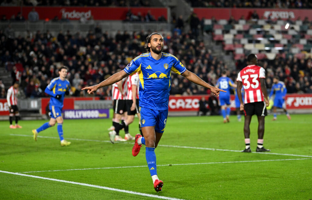 Leeds United striker Dominic Calvert-Lewin scores in the Premier League against Brentford
